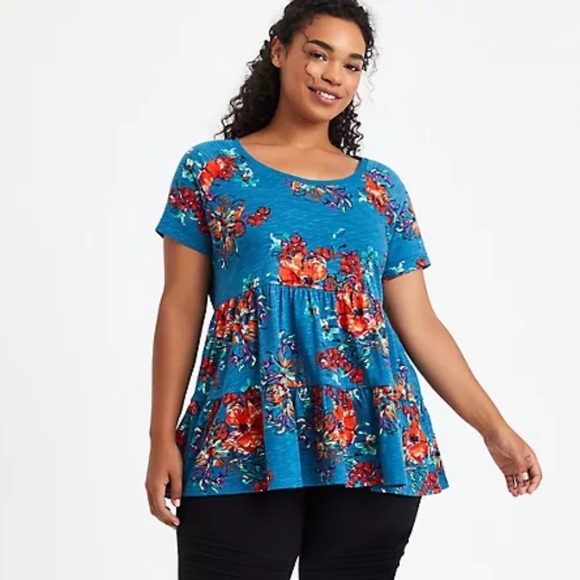Torrid Teal And Floral Tiered Short Sleeve Top - Picture 1 of 8